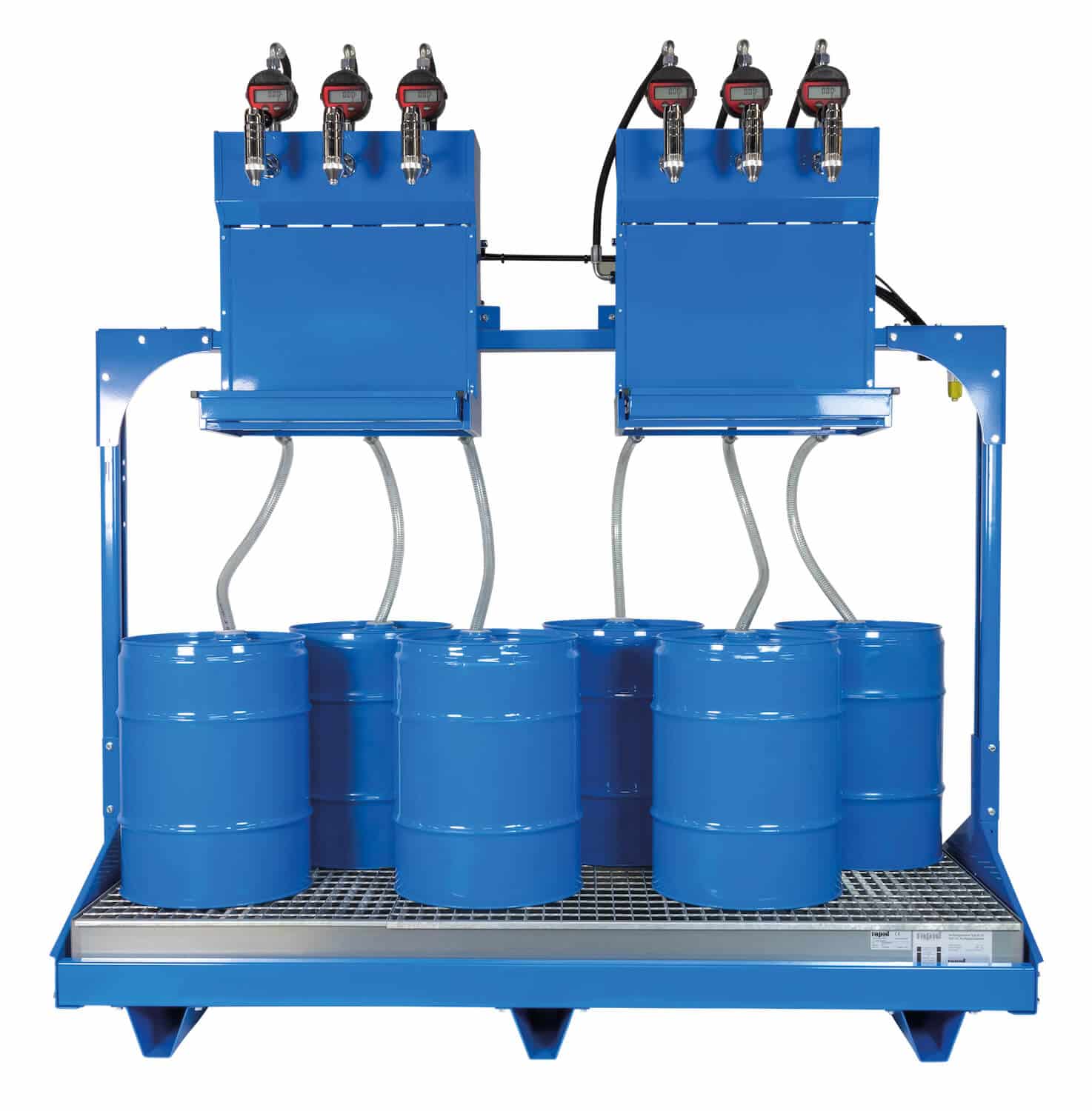 Universell einsetzbares Ölabgabeset für 6x 60 Ltr.-Fässer, mit pneumatischen Pumpen
