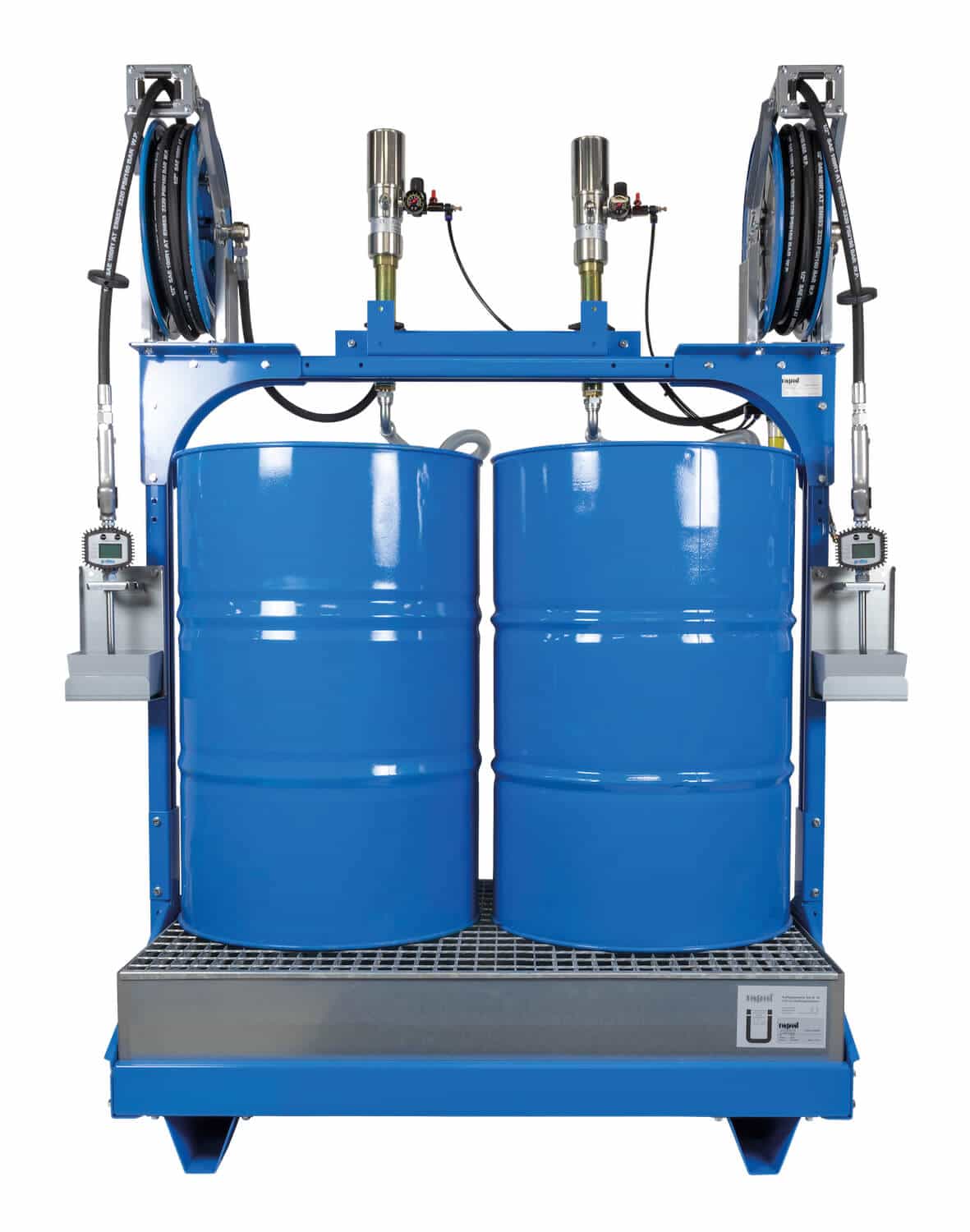 Ölabgabeset GT-PE Universell einsetzbares Ölabgabeset für 2x 200 Ltr.-Fässer, mit pneumatischen Pumpen und automatischen Schlauchaufrollern, eichfähig / MID-konform