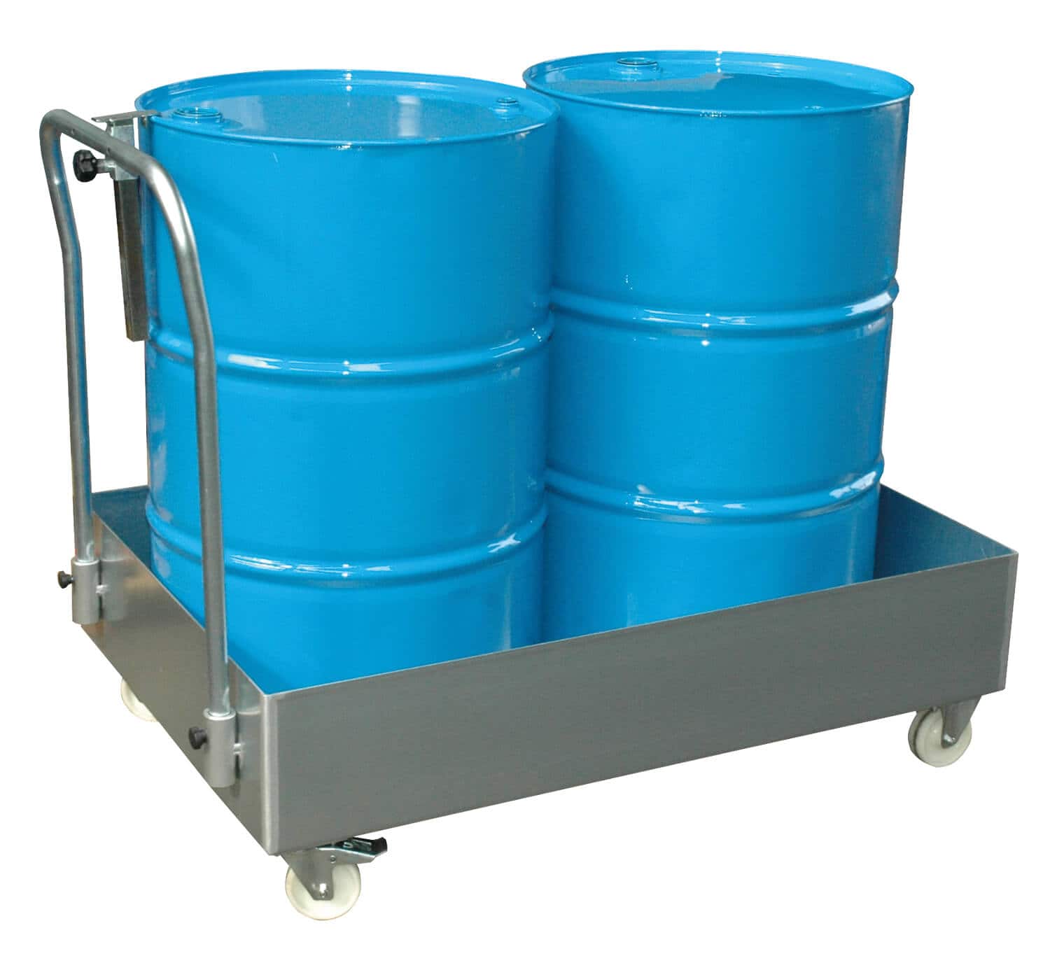 Fahrbare Auffangwanne für bis zu 2x 200 Ltr.-Fässer. Ohne Gitterrost, verzinkt.
