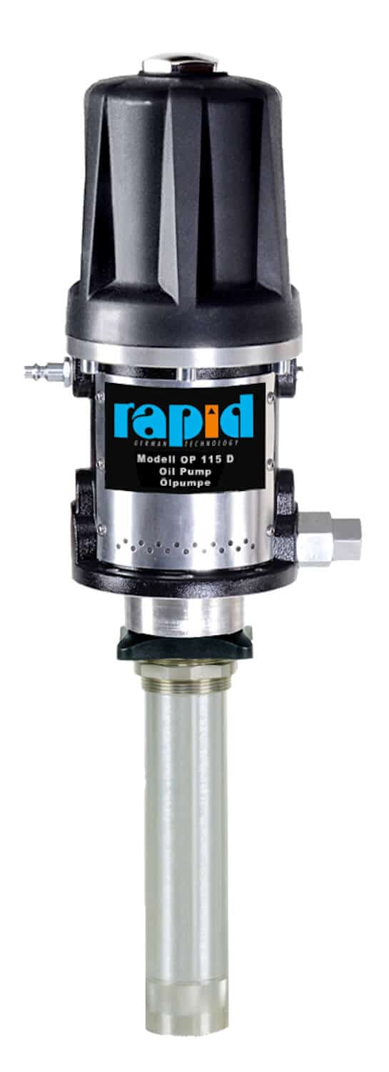 Pneumatische Industrie-Ölförderpumpe OP 115 D 25 K Pneumatische Ölförderpumpe für Industrieanwendungen und Fahrzeugsonderaufbauten. Kurzpumpe mit Wandkonsole, Übersetzung 1:5.