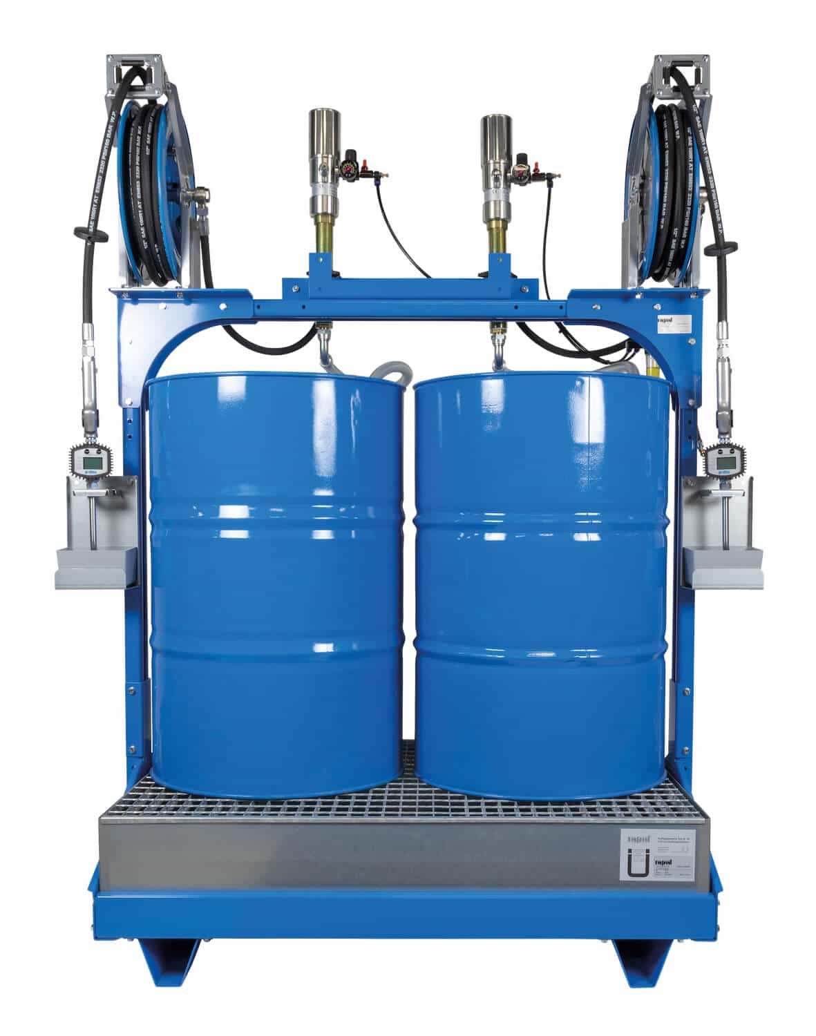 Universell einsetzbares Ölabgabeset für 2x 200 Ltr.-Fässer, mit pneumatischen Pumpen und automatischen Schlauchaufrollern