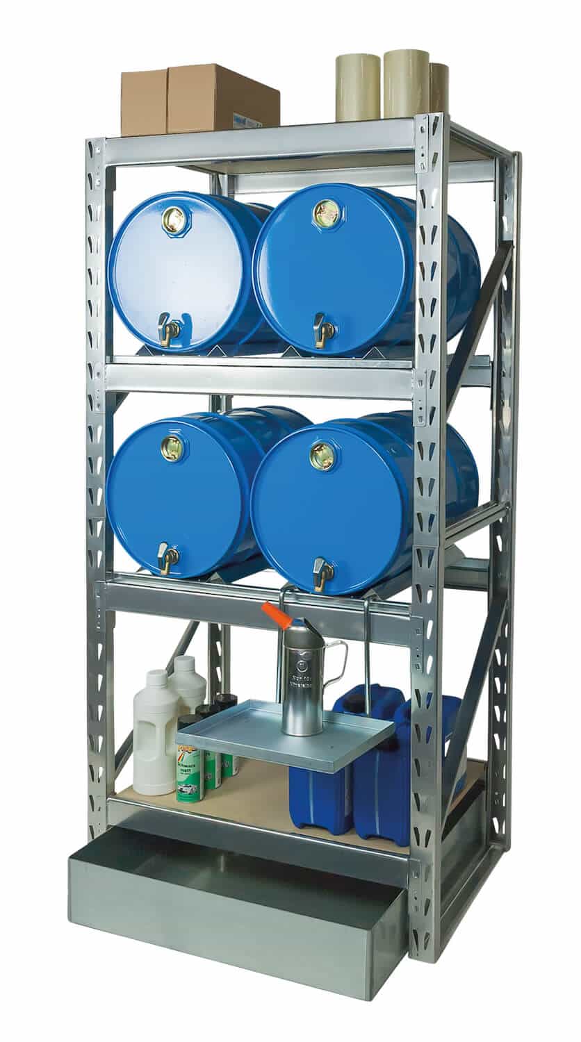 Abfüllplatz AFP 915/4 Abfüllplatz zur Lagerung von 4x 60 Ltr.-Fässern sowie 2 Holzregalböden.