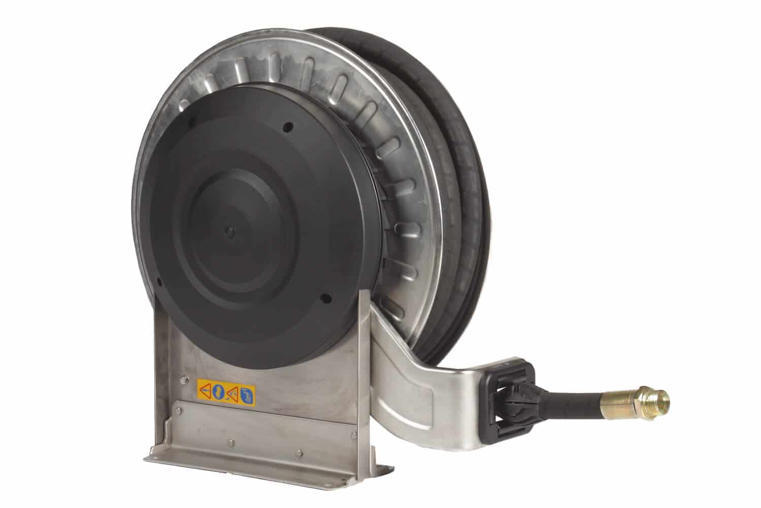 Automatischer Schlauchaufroller für Hochdruck komplett in Edelstahl für bis zu 25 m Schlauch DN 12, zur Wand-, Boden- oder Deckenmontage.