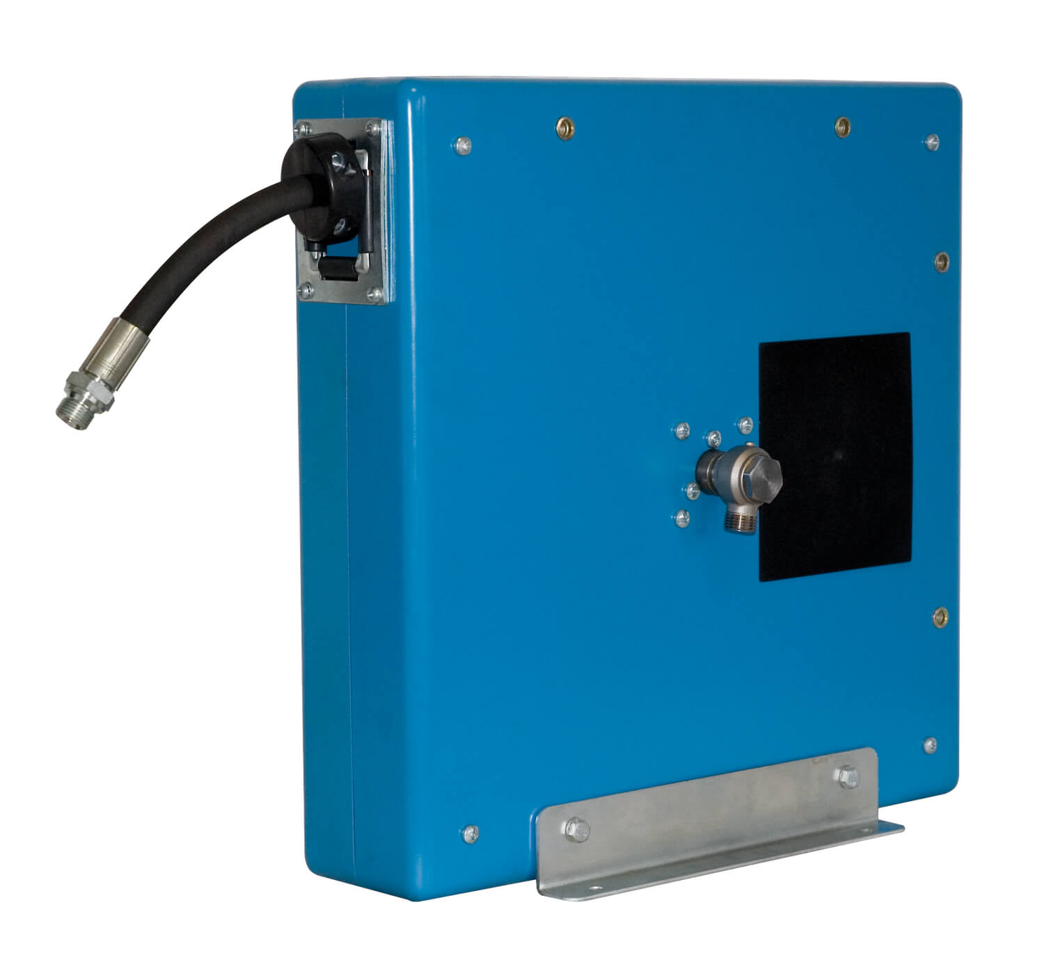 Automatischer Schlauchaufroller für Luft, Wasser, Öle und Diesel mit 10 m Schlauch DN 16 in geschlossener Ausführung, zur Wand-, Boden- oder Deckenmontage.