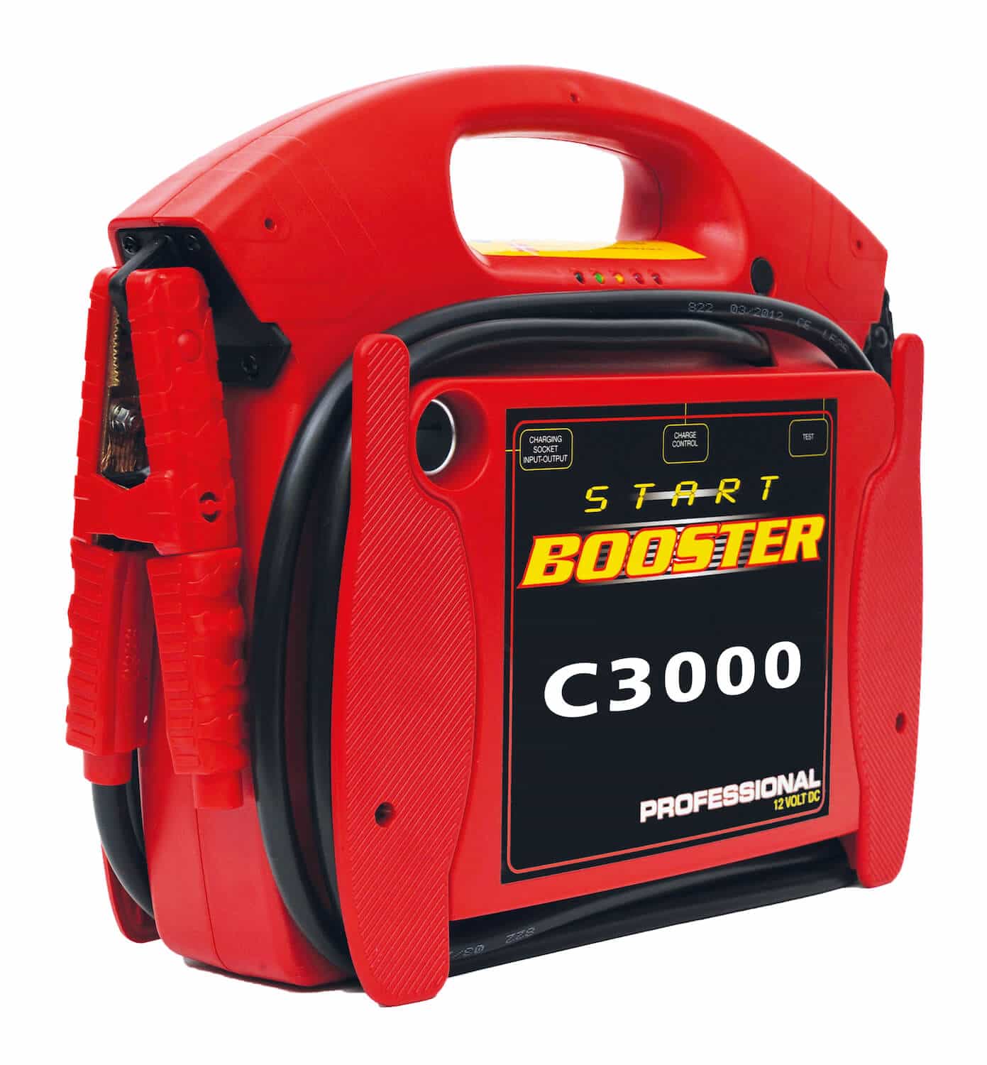 Batterieloser, wiederaufladbarer Start-Booster. Ladespannung 12 V, Spitzenstrom 9.000 A.