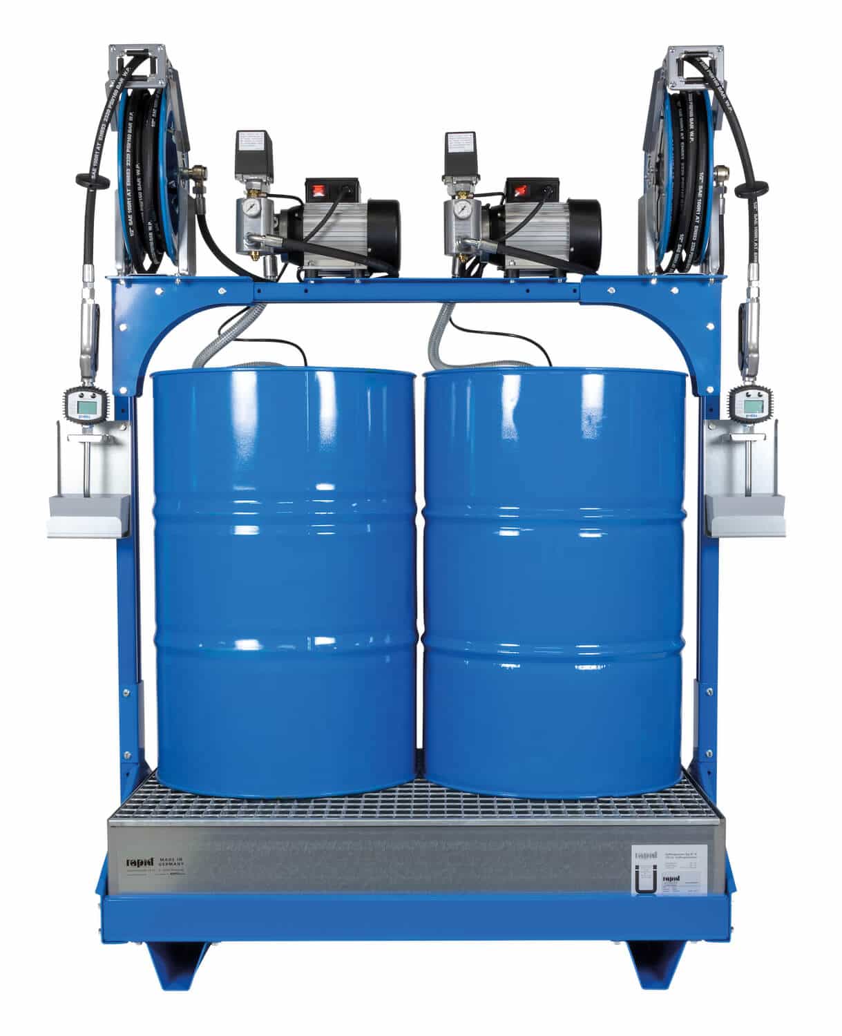 Universell einsetzbares Ölabgabeset für 2x 200 Ltr.-Fässer, mit elektrischen Pumpen und automatischen Schlauchaufrollern, eichfähig / MID-konform