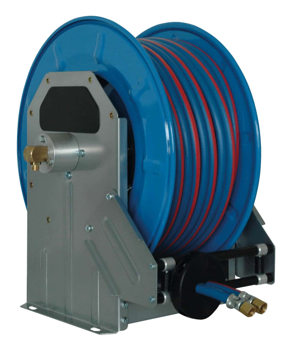 Automatischer Schlauchaufroller für technische Gase mit 20 m Spezial-Doppelschlauch DN 06/09, zur Wand-, Boden- oder Deckenmontage.