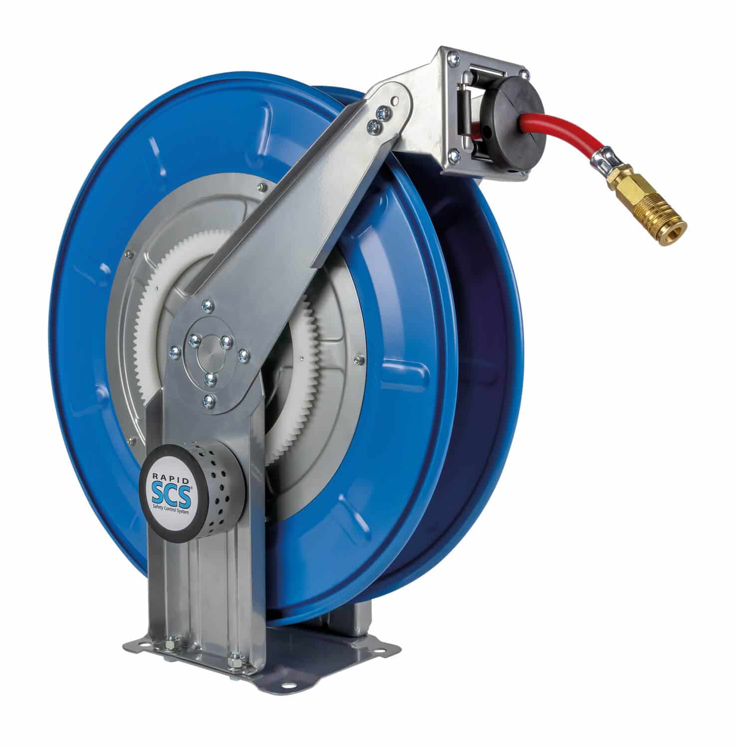 Automatischer Schlauchaufroller für Luft mit 10 m Schlauch DN 12, zur Wand-, Boden- oder Deckenmontage.