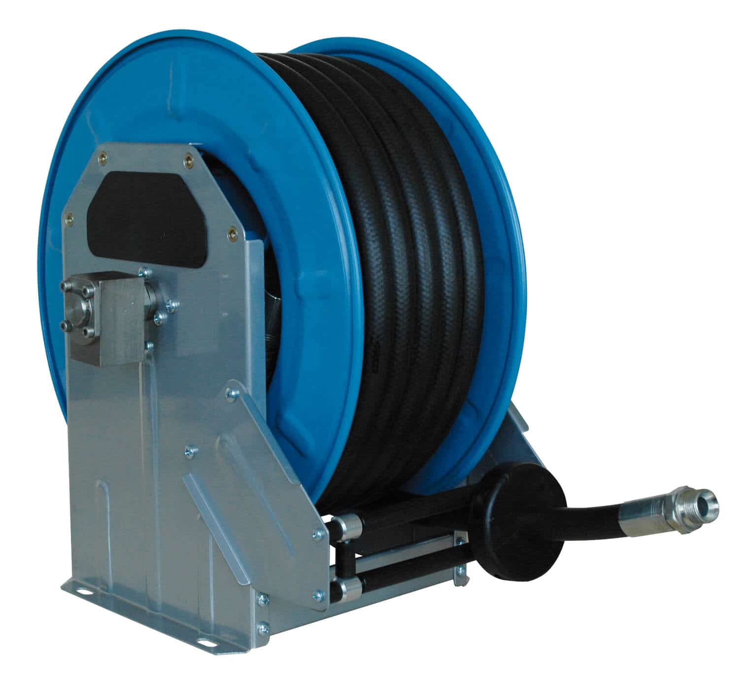 Automatischer Schlauchaufroller für Hochdruck für bis zu 30 m Schlauch DN 08, zur Wand-, Boden- oder Deckenmontage.
