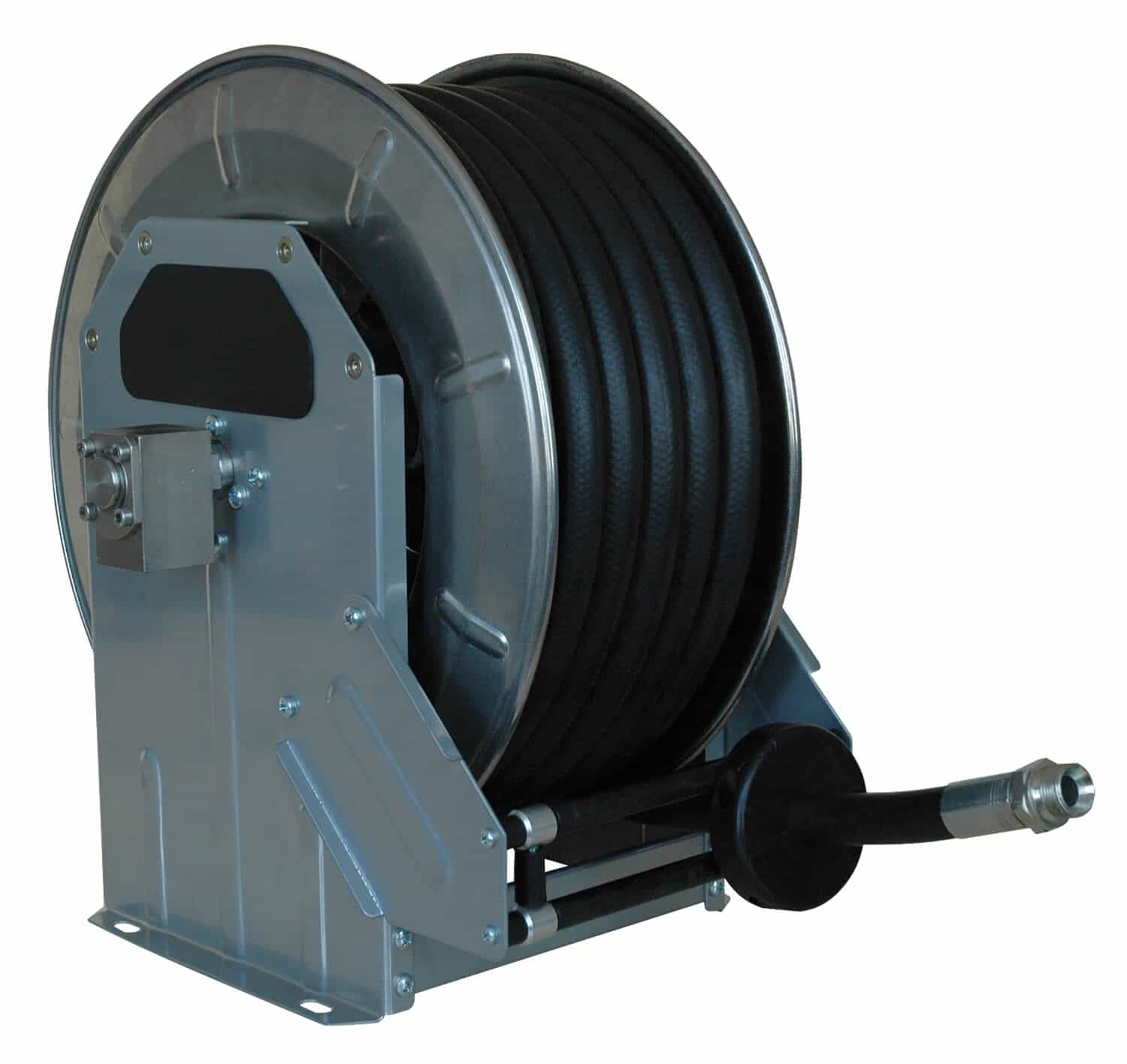 Automatischer Schlauchaufroller für Hochdruck komplett in Edelstahl für bis zu 40 m Schlauch DN 12, zur Wand-, Boden- oder Deckenmontage.