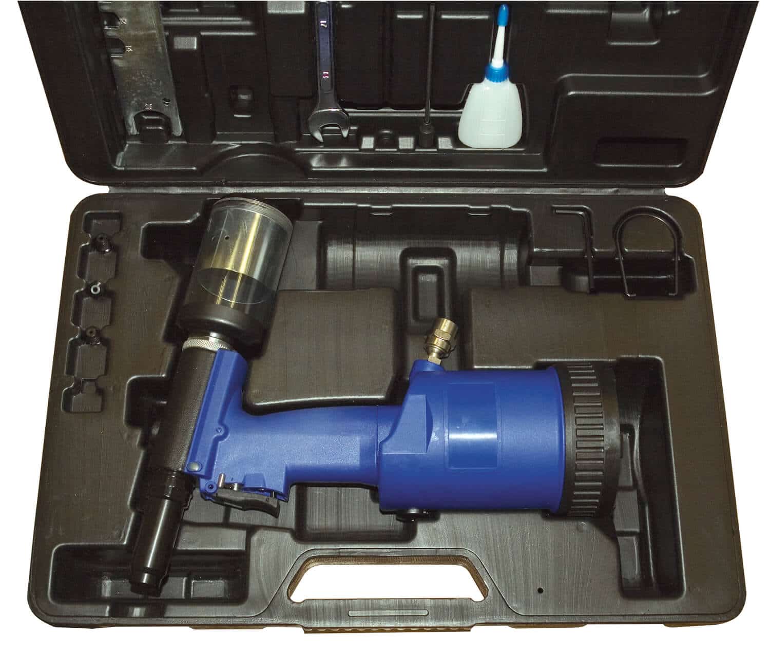 Blindnietpistolen-Set UT 8362 Blindnietpistole aus Verbundwerkstoff für Standard-, Alu-, Kupfer- und Edelstahlnieten als Set im praktischen Kunststoffkoffer inkl. Mundstücken 3,2 - 4,0 - 4,8 mm und Universalwerkzeug zum Wechseln der Backen und Mundstücke.