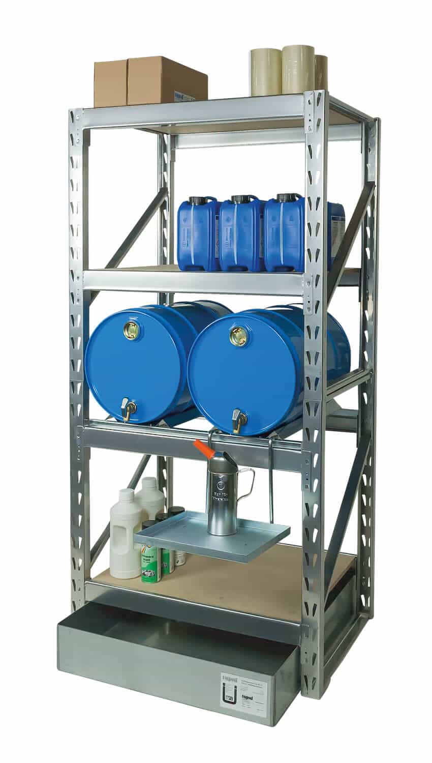 Abfüllplatz AFP 915/2 Abfüllplatz zur Lagerung von 2x 60 Ltr.-Fässern sowie 3 Holzregalböden.