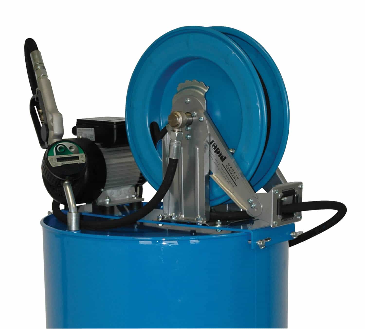 Ölabgabeset ÖAS 200 SZE/E Ölabgabeset in elektrischer Ausführung und mit Schlauchaufroller, zur Montage auf ein 200 Ltr.-Fass, eichfähig.