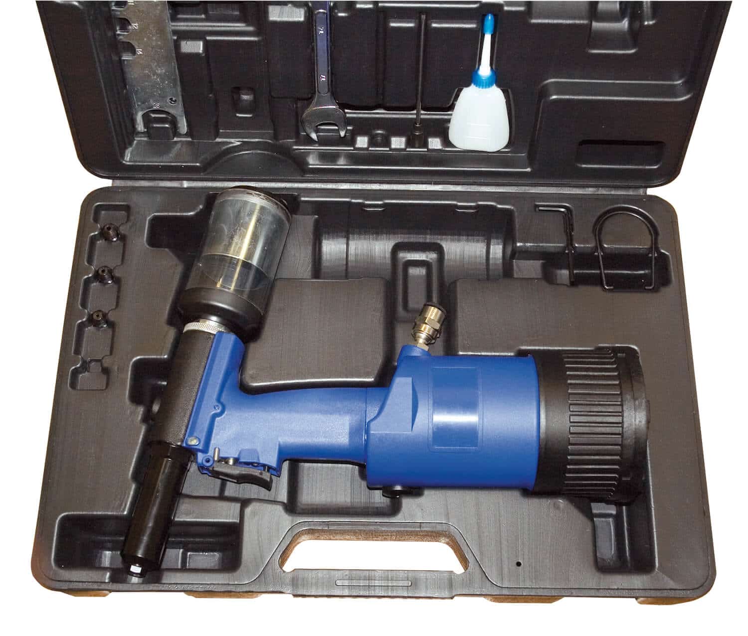 Blindnietpistolen-Set UT 8363 Blindnietpistole aus Verbundwerkstoff für Standard-, Alu-, Kupfer- und Edelstahlnieten als Set im praktischen Kunststoffkoffer inkl. Mundstücken 4,0 - 4,8 - 6,4 mm und Universalwerkzeug zum Wechseln der Backen und Mundstücke.