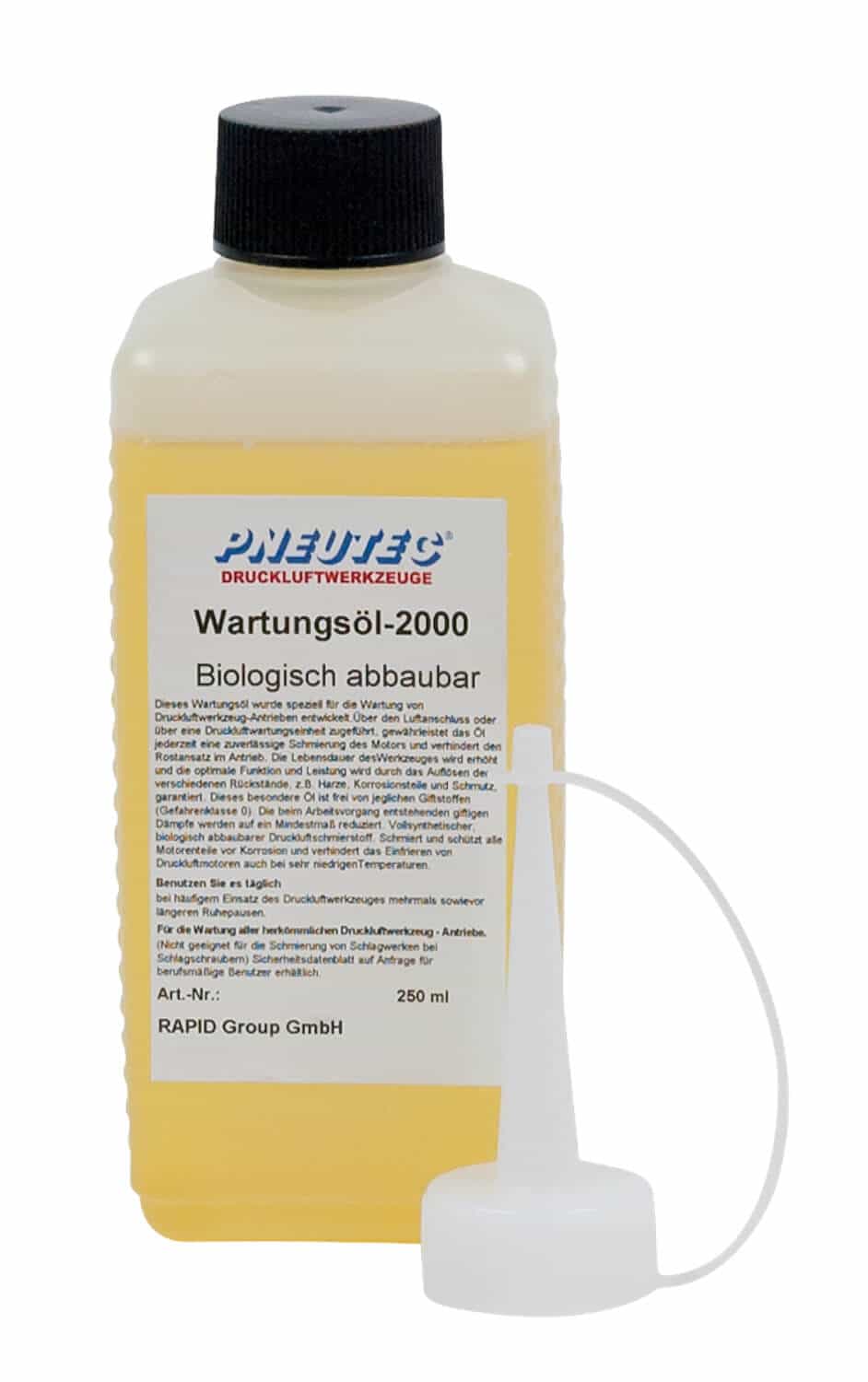 Vollsynthetischer, biologisch abbaubarer Druckluftschmierstoff für alle Druckluftrotoren, 250 ml-Gebinde.