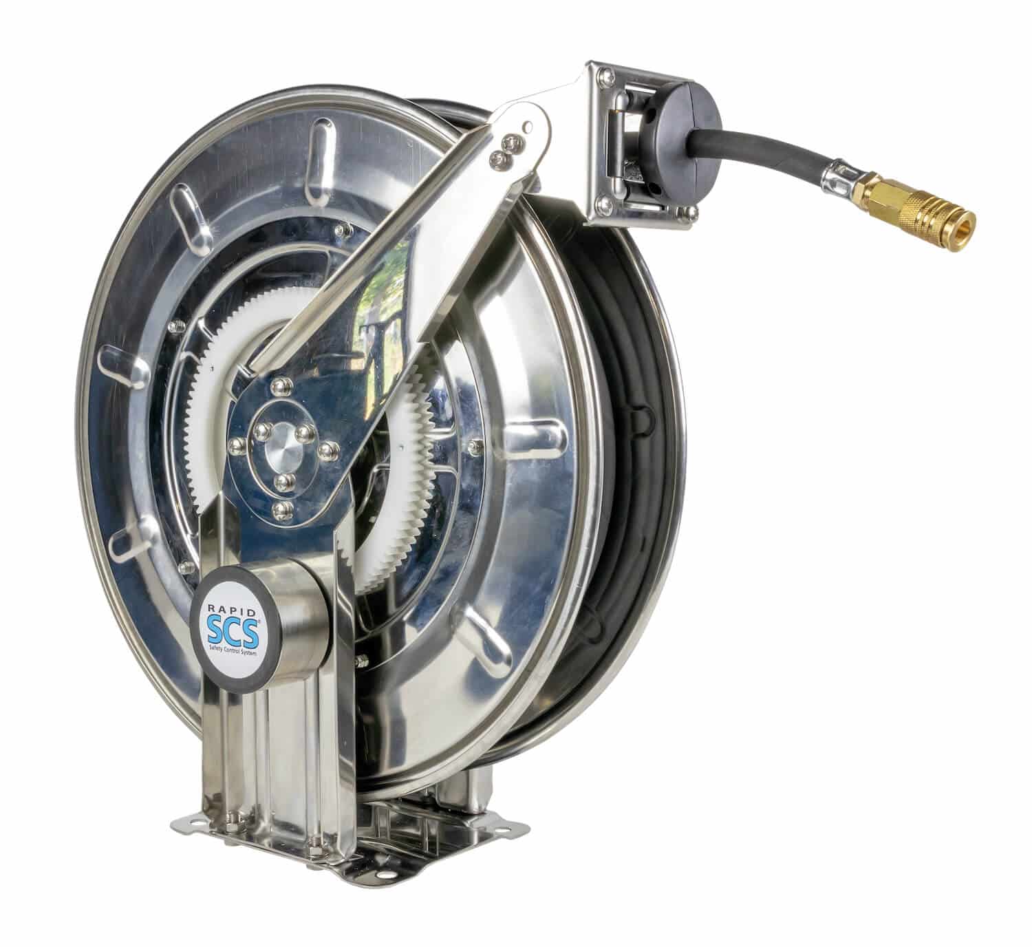 Automatischer Schlauchaufroller für Luft komplett in Edelstahl mit 20 m Schlauch DN 10, zur Wand-, Boden- oder Deckenmontage.