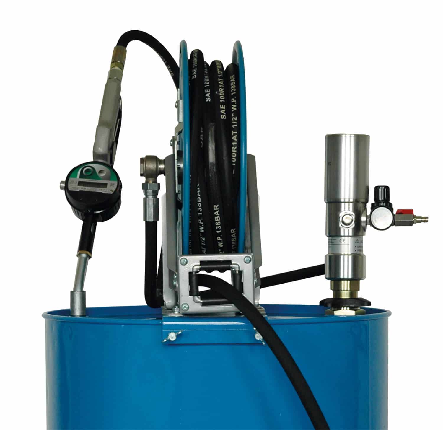 Ölabgabeset ÖAS 200 SZP/E Ölabgabeset in pneumatischer Ausführung und mit Schlauchaufroller, zur Montage auf ein 200 Ltr.-Fass, eichfähig.