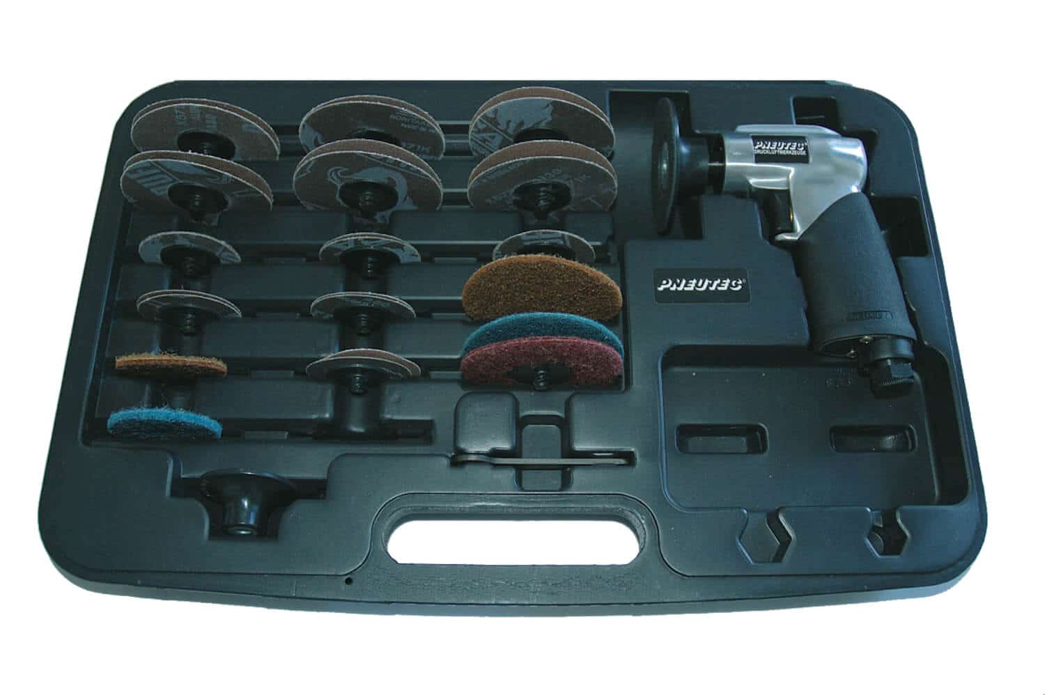 Mini-Tellerschleifer-Set im Kunststoffkoffer mit 75 mm Ø Stützteller und umfangreichem Zubehör